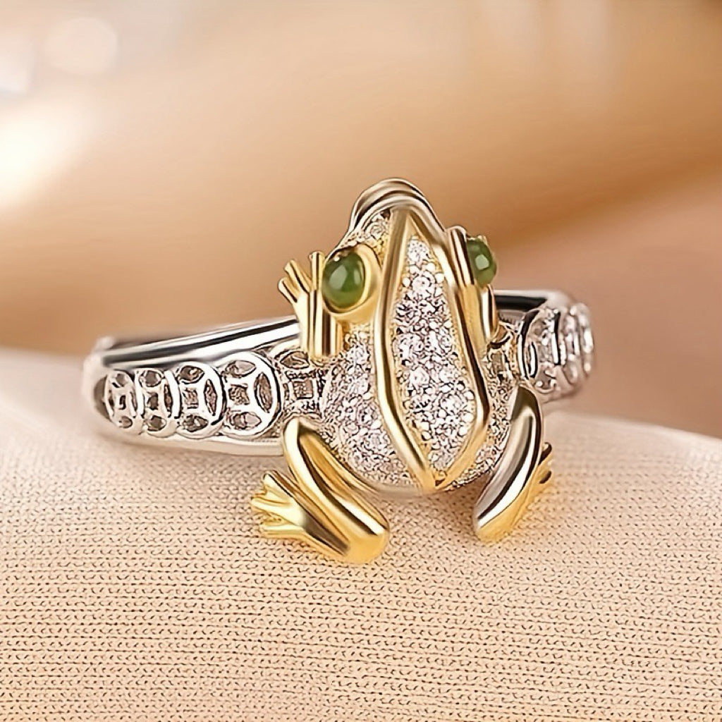 Frog-Shaped Mini Crown – Green-Eyed, Diamond-Paved Toad Tiara | Silver Geometric Band (Can Be Worn as a Ring)