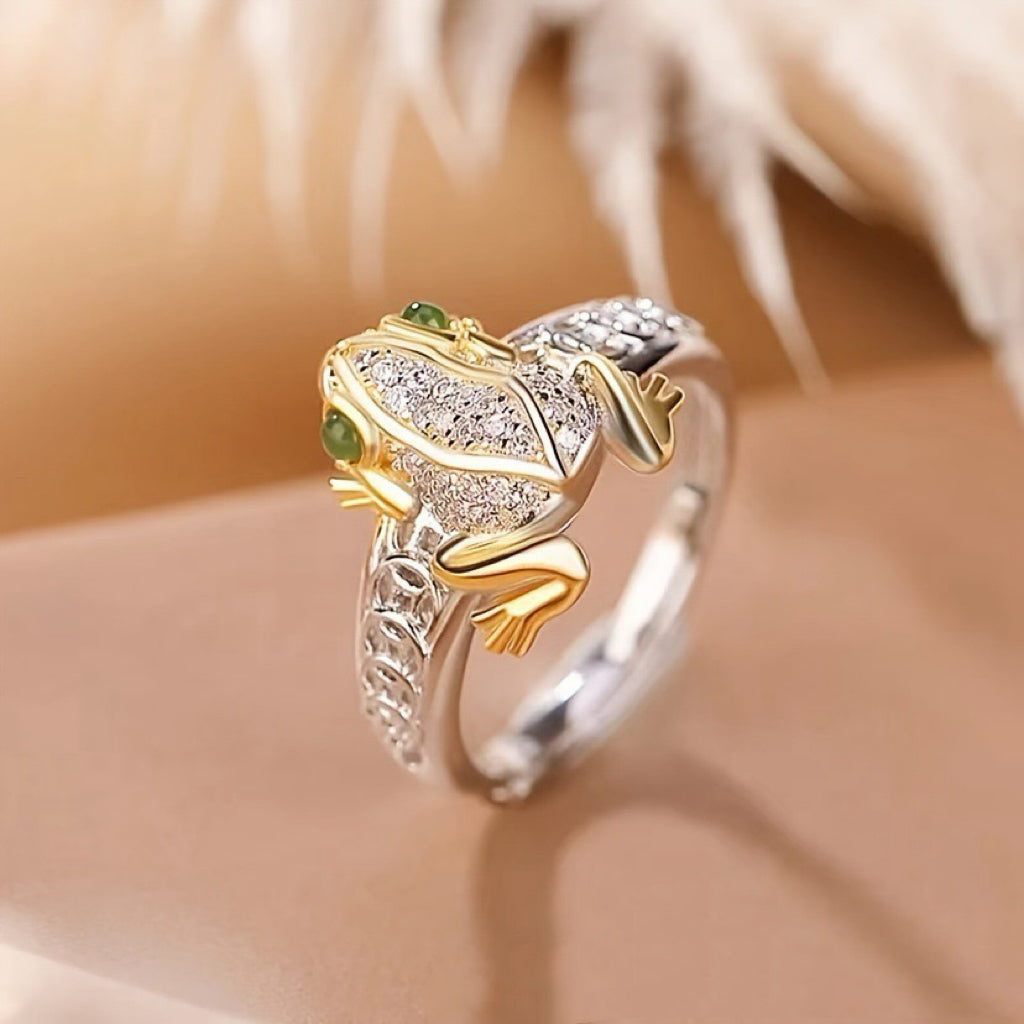 Frog-Shaped Mini Crown – Green-Eyed, Diamond-Paved Toad Tiara | Silver Geometric Band (Can Be Worn as a Ring)