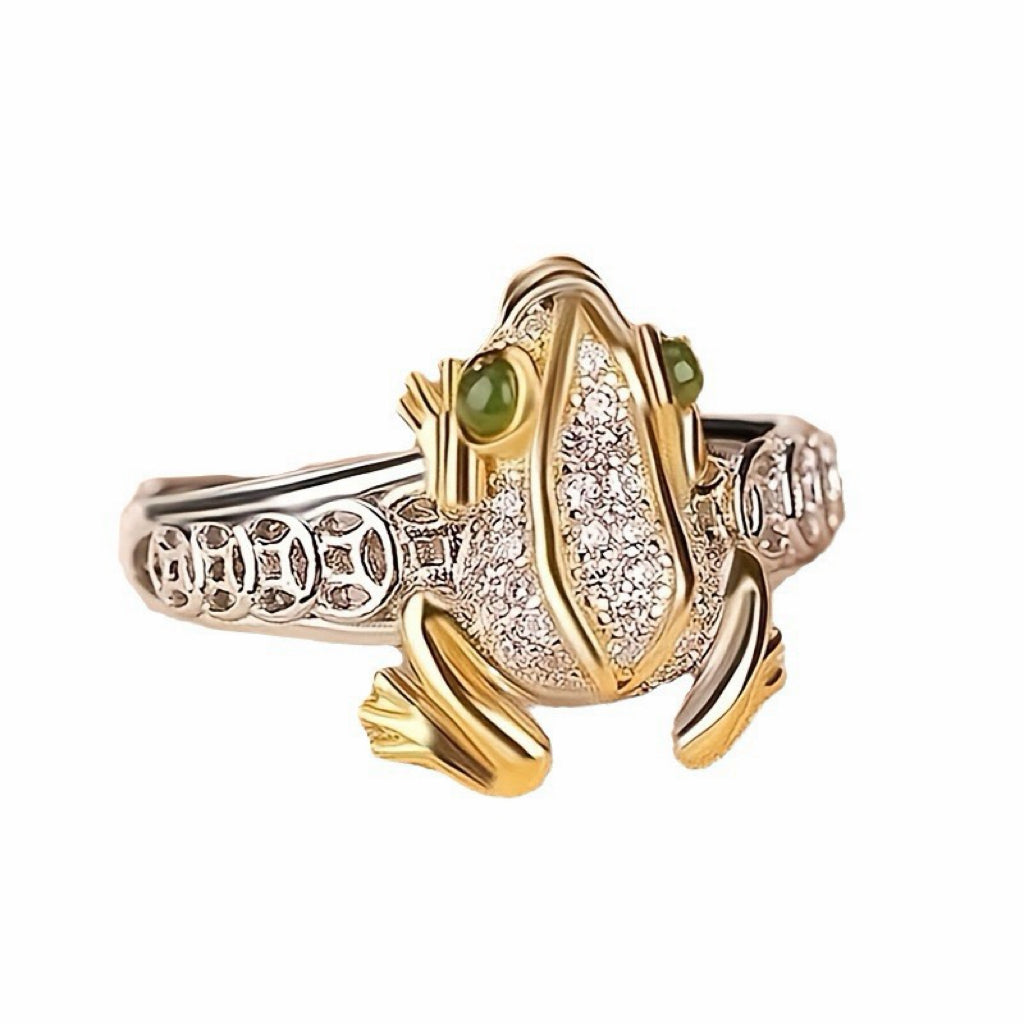 Frog-Shaped Mini Crown – Green-Eyed, Diamond-Paved Toad Tiara | Silver Geometric Band (Can Be Worn as a Ring)