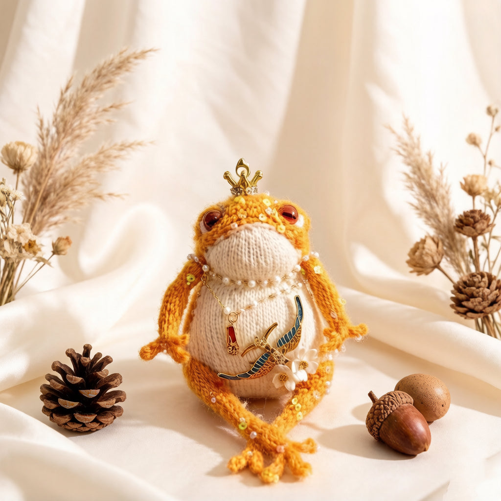 Golden Swallow Prosperity Toad – Bejeweled Crochet Hanging Ornament | Crystal &amp; Pearl Tassel, Mini Crown
