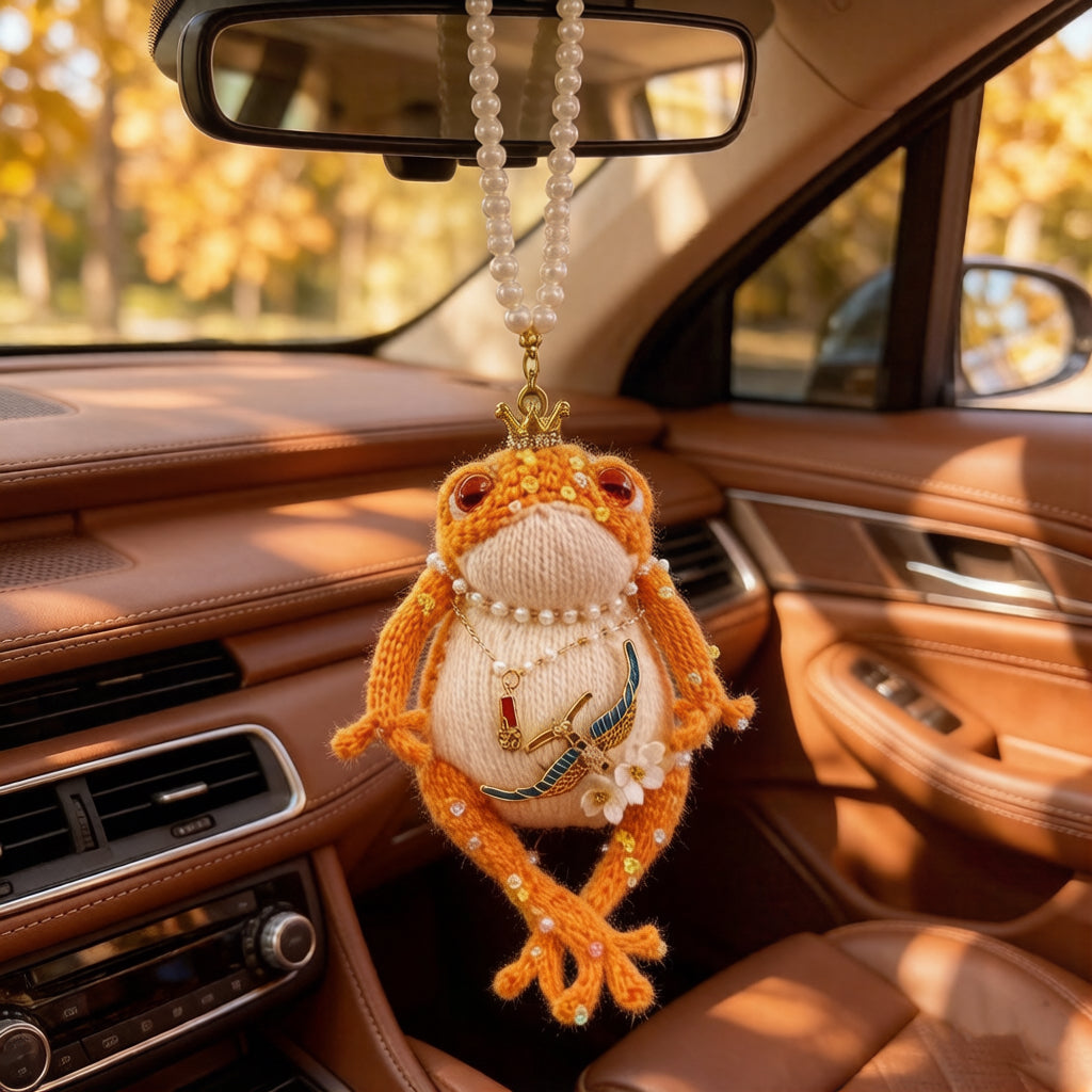Golden Swallow Prosperity Toad – Bejeweled Crochet Hanging Ornament | Crystal &amp; Pearl Tassel, Mini Crown