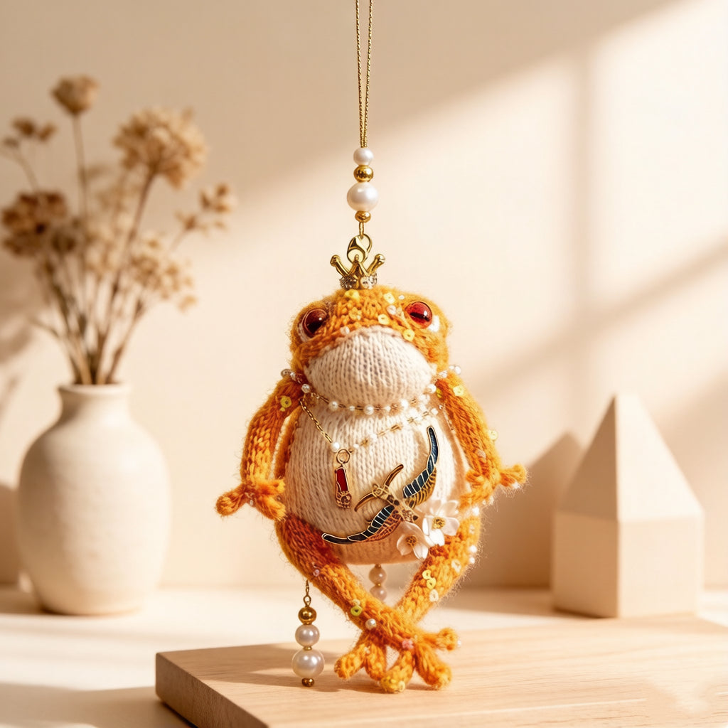 Golden Swallow Prosperity Toad – Bejeweled Crochet Hanging Ornament | Crystal &amp; Pearl Tassel, Mini Crown