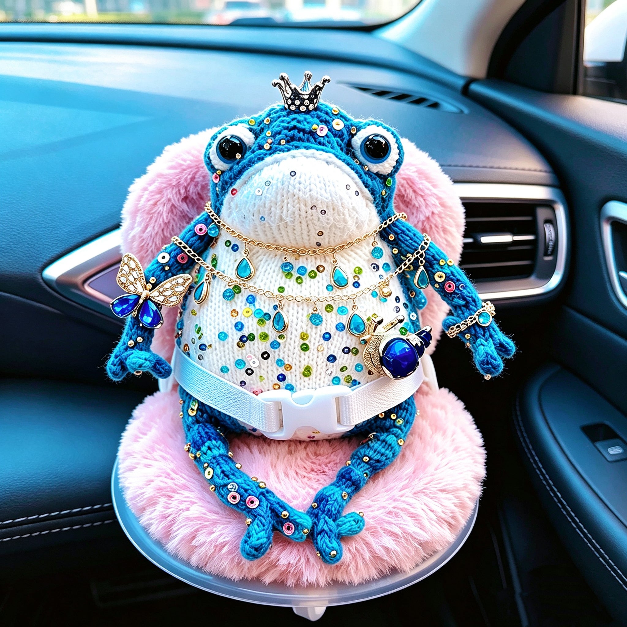 Blue Royal Toad – Enchanted Crochet Figurine | Silver Crown, Golden Butterfly &amp; Tiny Snail
