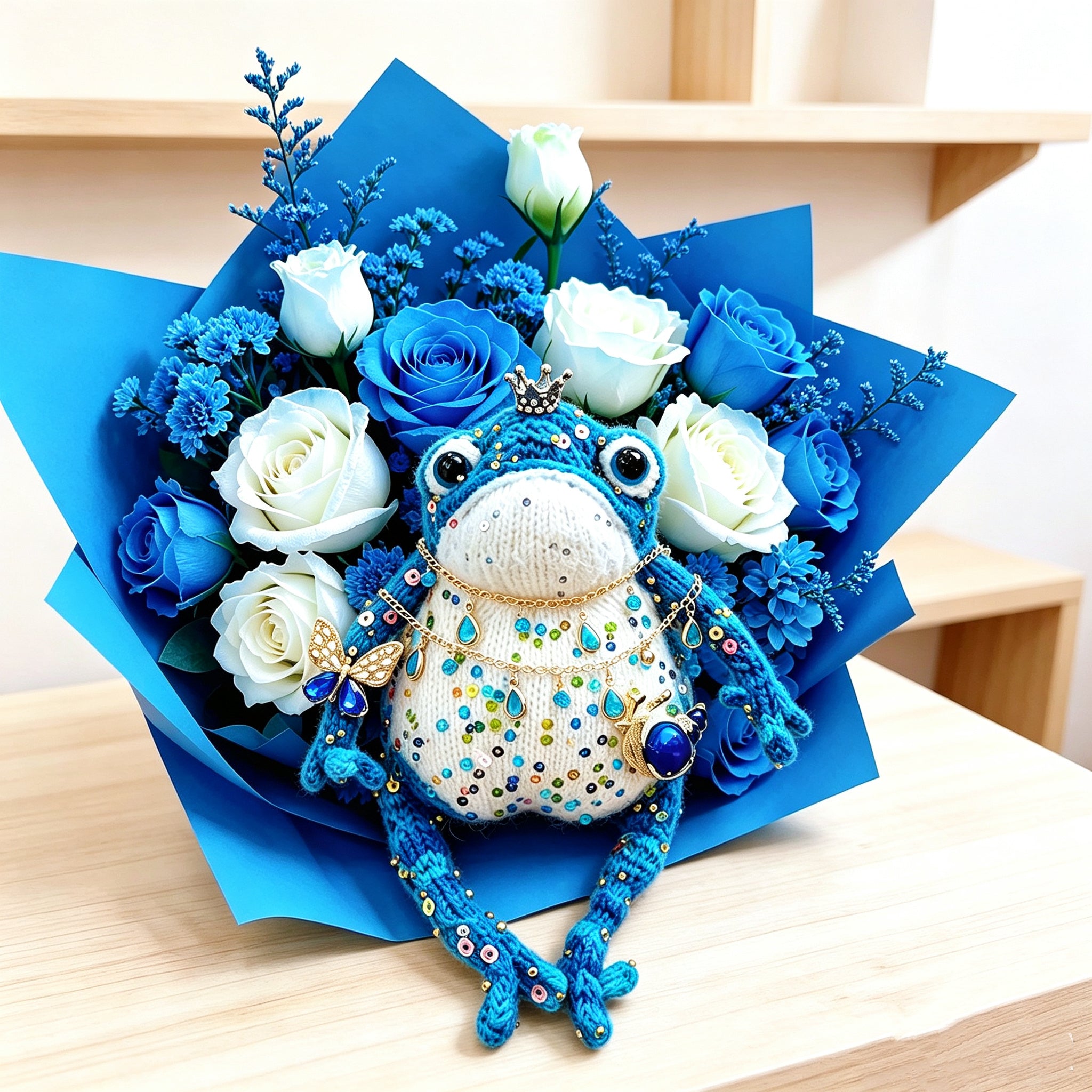 Blue Royal Toad – Enchanted Crochet Figurine | Silver Crown, Golden Butterfly &amp; Tiny Snail