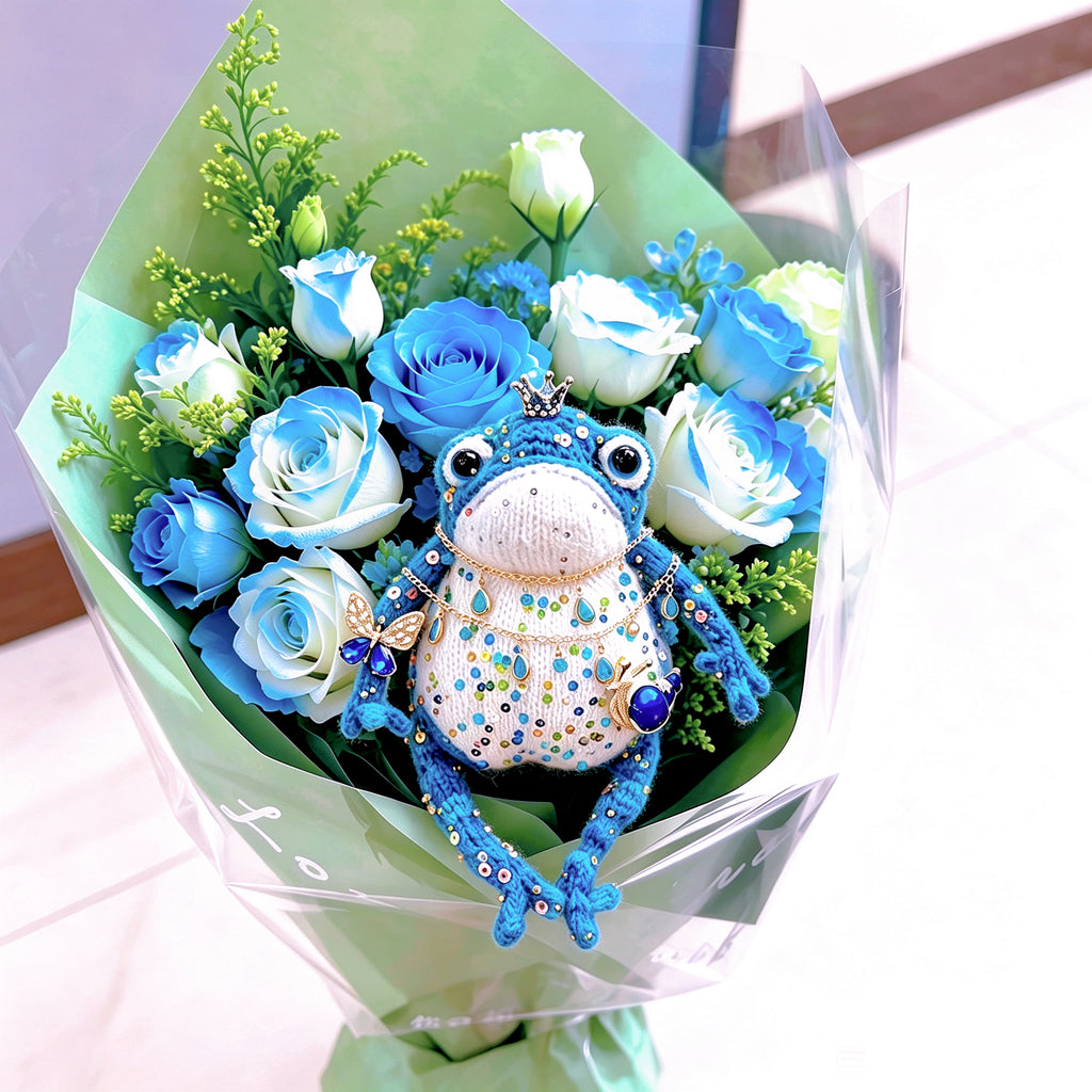 Blue Royal Toad – Enchanted Crochet Figurine | Silver Crown, Golden Butterfly &amp; Tiny Snail