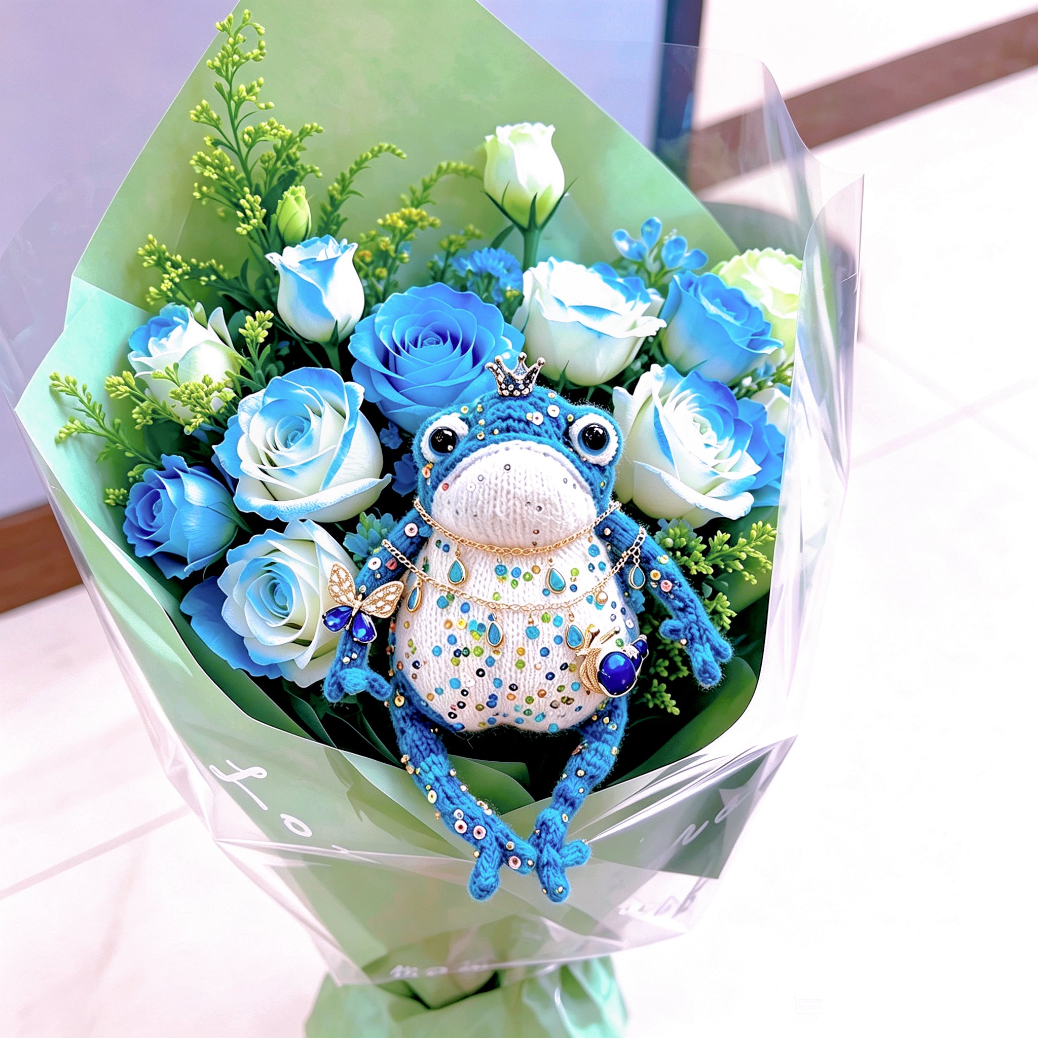 Blue Royal Toad – Enchanted Crochet Figurine | Silver Crown, Golden Butterfly &amp; Tiny Snail