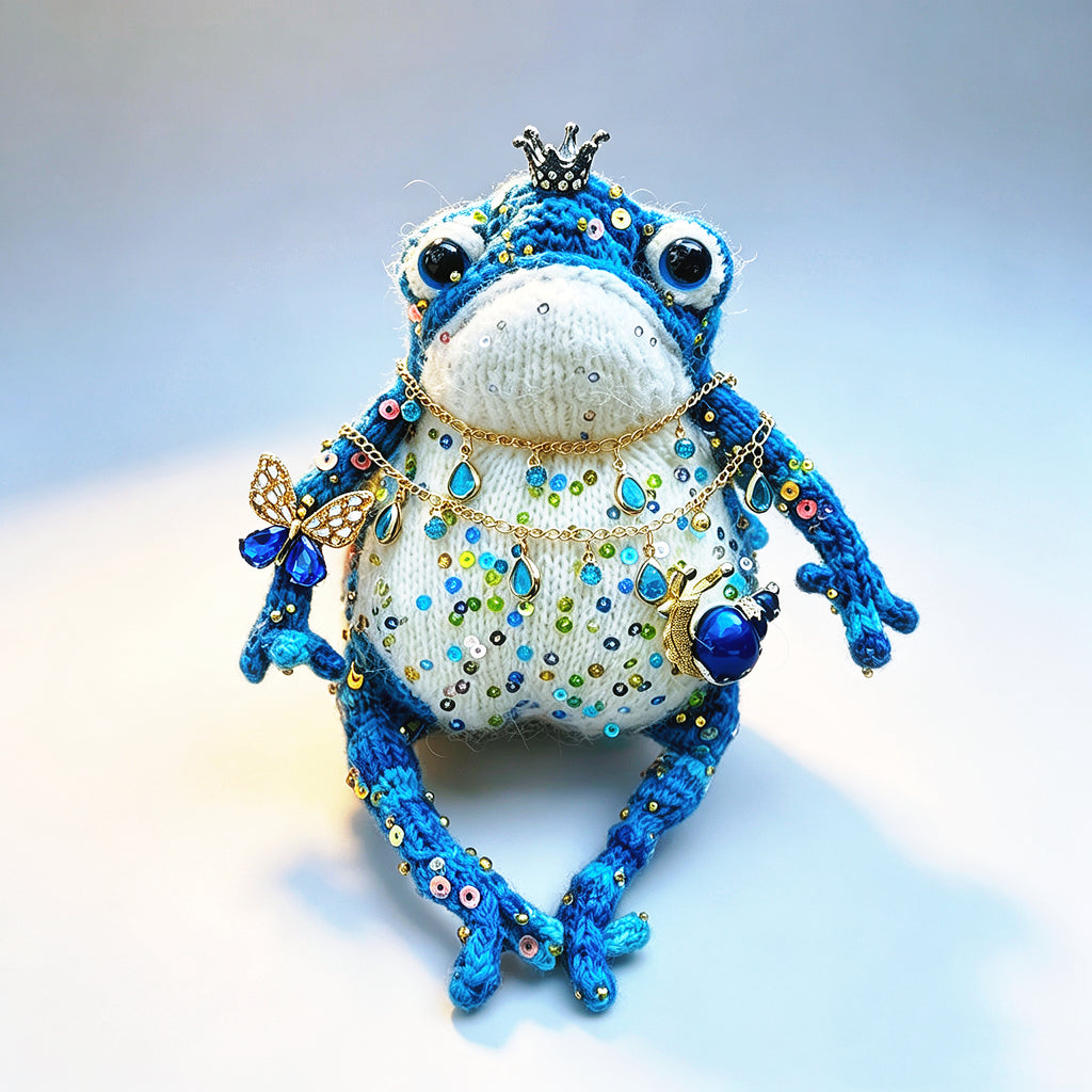 Blue Royal Toad – Enchanted Crochet Figurine | Silver Crown, Golden Butterfly &amp; Tiny Snail