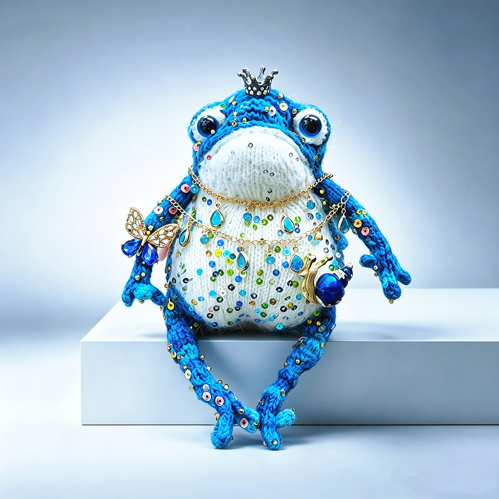 Blue Royal Toad – Enchanted Crochet Figurine | Silver Crown, Golden Butterfly &amp; Tiny Snail