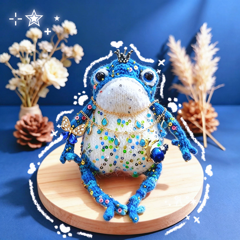 Blue Royal Toad – Enchanted Crochet Figurine | Silver Crown, Golden Butterfly &amp; Tiny Snail