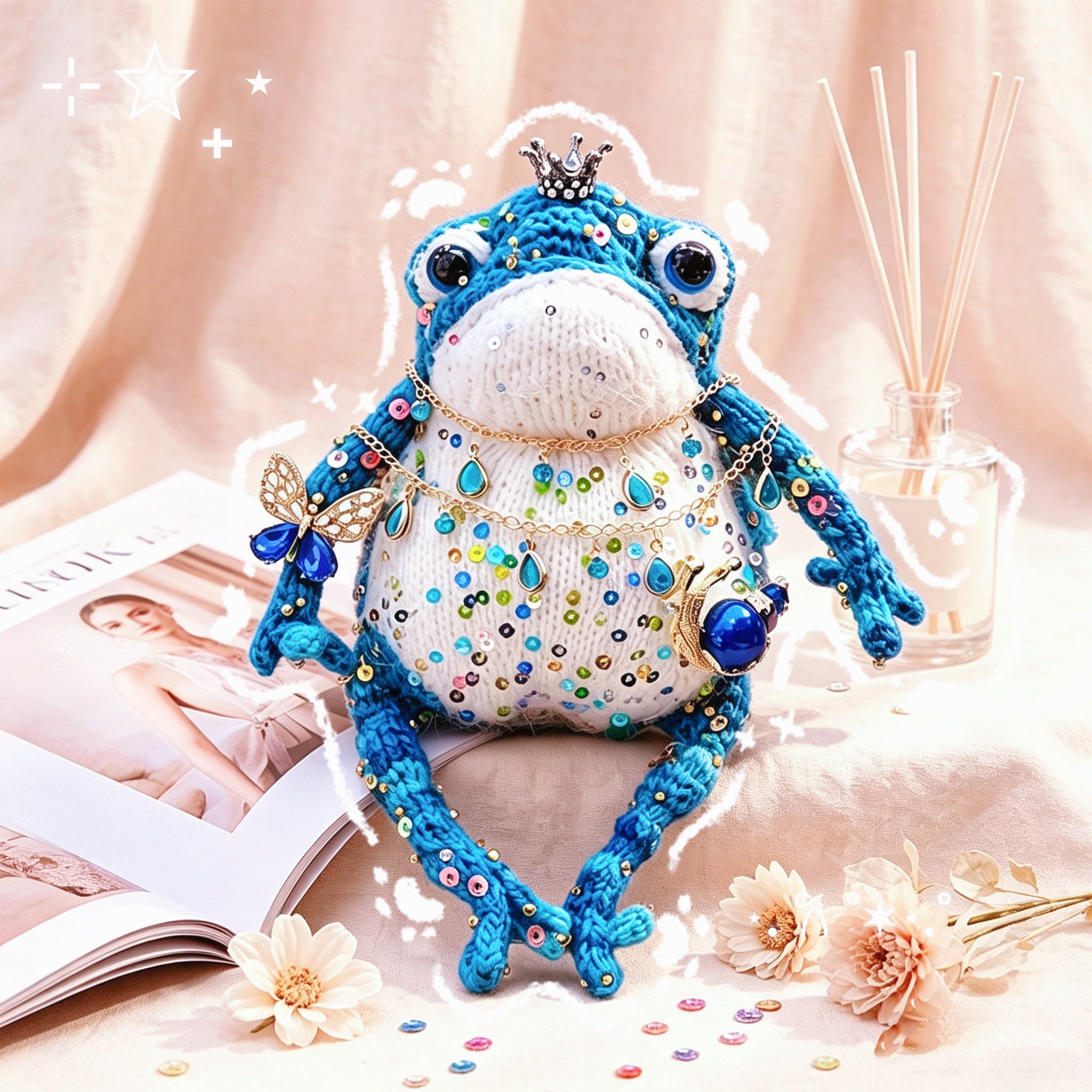 Blue Royal Toad – Enchanted Crochet Figurine | Silver Crown, Golden Butterfly &amp; Tiny Snail