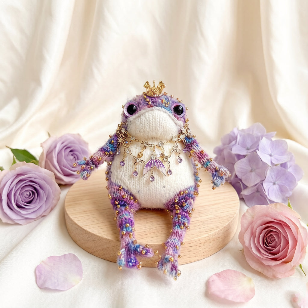 Mermaid Tail Golden Toad – Gradient Knit, Mini Crown &amp; Purple Fin Pendant | Bejeweled Fairy-Tale Figurine