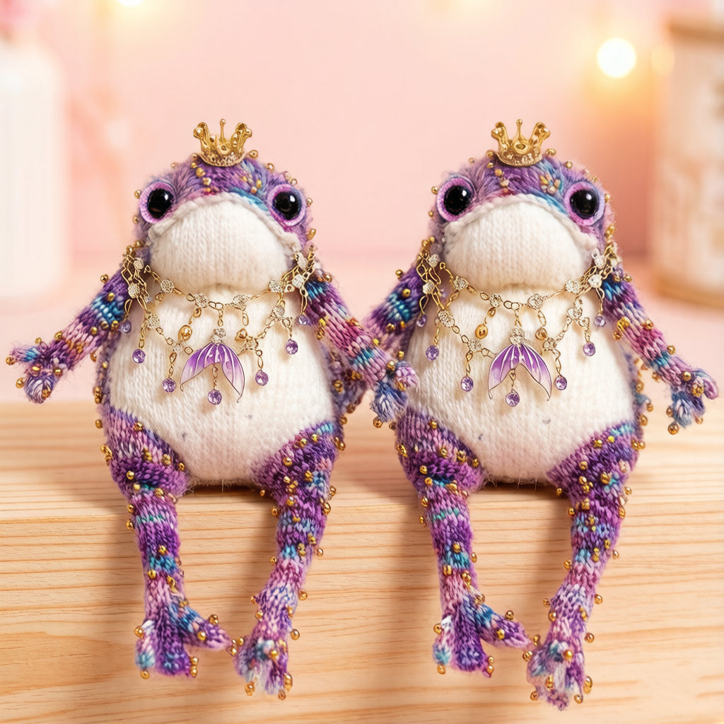 Mermaid Tail Golden Toad – Gradient Knit, Mini Crown &amp; Purple Fin Pendant | Bejeweled Fairy-Tale Figurine