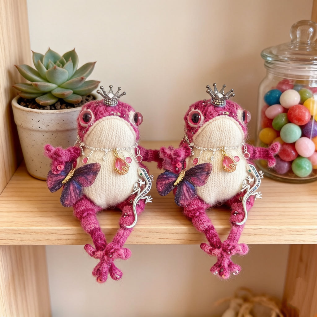 Pink Royal Toad – Butterfly &amp; Lizard Companions | Silver Crown, Bejeweled Pendant | Handmade Fairy-Tale Figurine