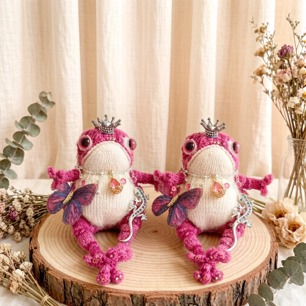 Pink Royal Toad – Butterfly &amp; Lizard Companions | Silver Crown, Bejeweled Pendant | Handmade Fairy-Tale Figurine