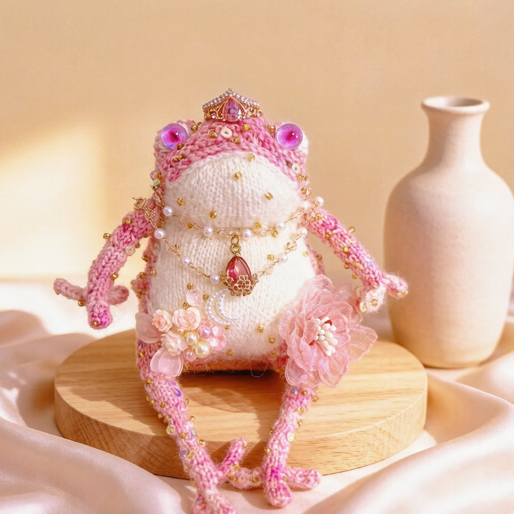 Pink Princess Toad – Crochet Fairy-Tale Figurine | Golden Crown, Pearl Necklace &amp; Snail Companion