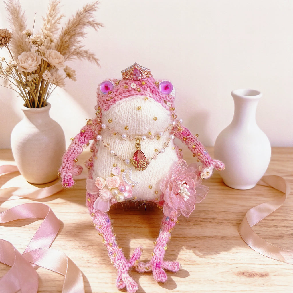Pink Princess Toad – Crochet Fairy-Tale Figurine | Golden Crown, Pearl Necklace &amp; Snail Companion