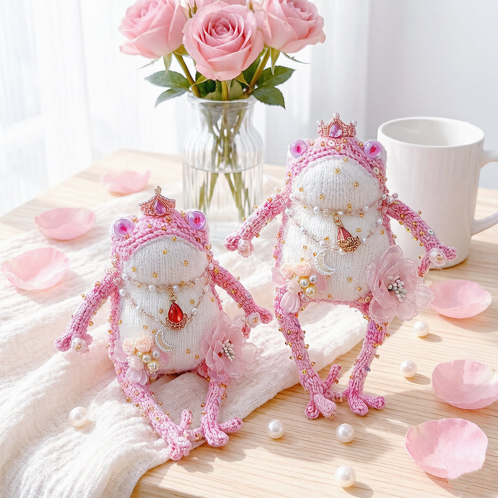 Pink Princess Toad – Crochet Fairy-Tale Figurine | Golden Crown, Pearl Necklace &amp; Snail Companion