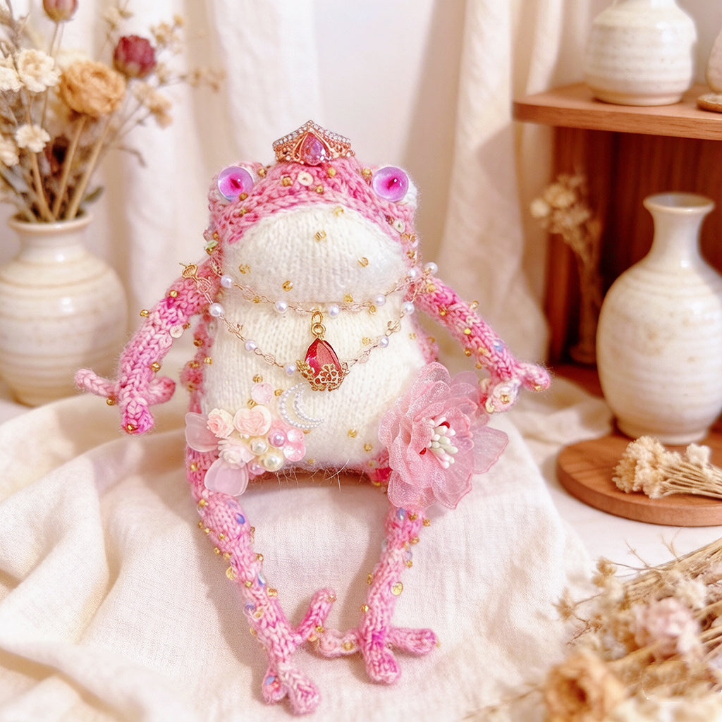 Pink Princess Toad – Crochet Fairy-Tale Figurine | Golden Crown, Pearl Necklace &amp; Snail Companion