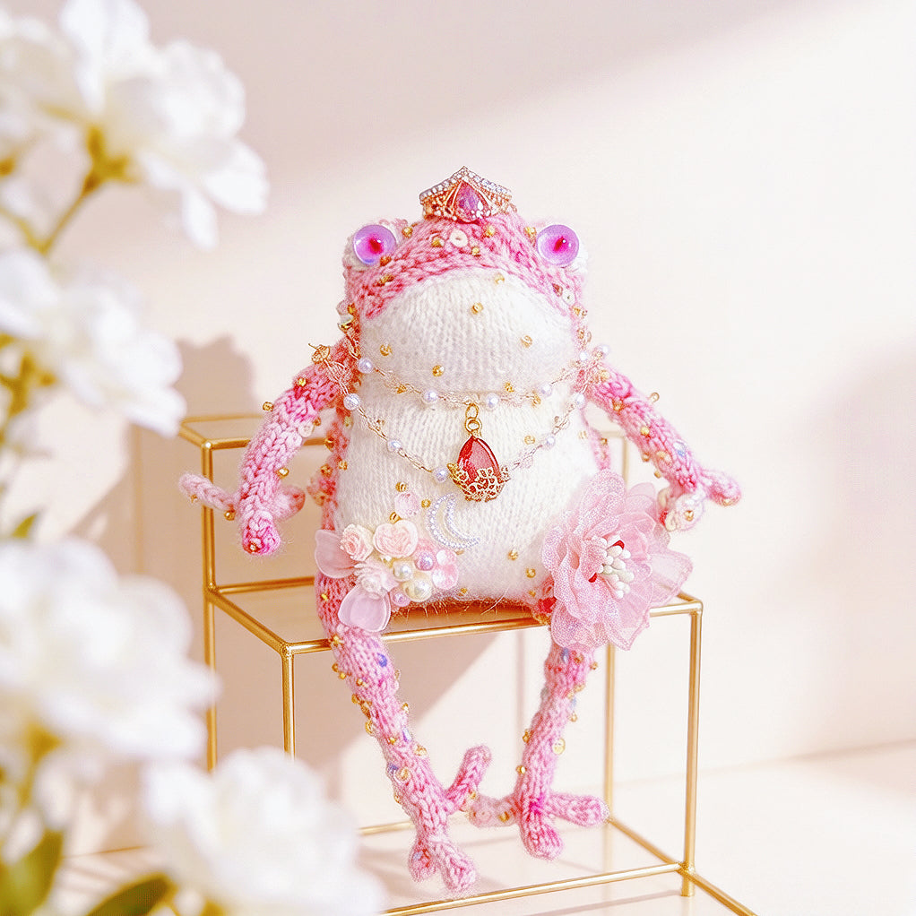 Pink Princess Toad – Crochet Fairy-Tale Figurine | Golden Crown, Pearl Necklace &amp; Snail Companion