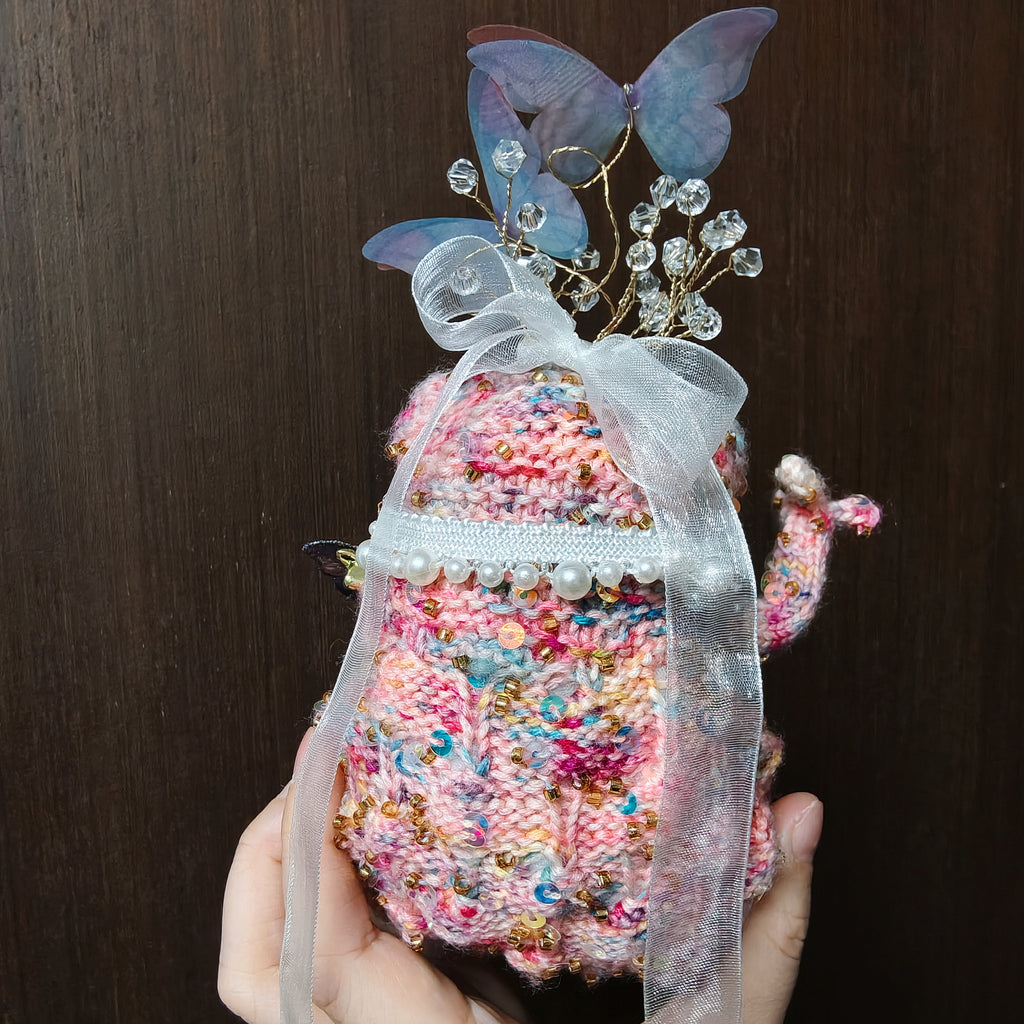 Butterfly Crown Toad – Hand-Knitted Fairy-Tale Figurine | Crystal Tiara, Pearl Choker &amp; Purple Teardrop Pendant