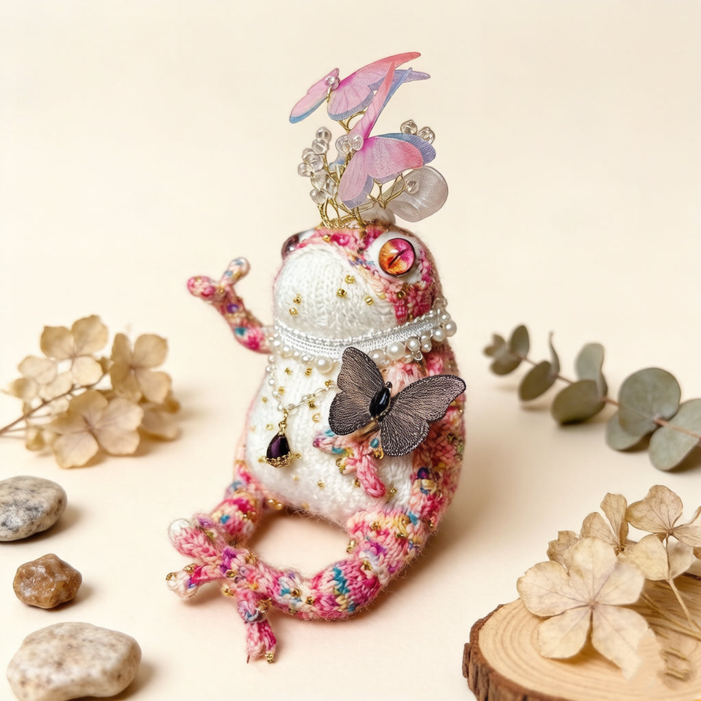 Butterfly Crown Toad – Hand-Knitted Fairy-Tale Figurine | Crystal Tiara, Pearl Choker &amp; Purple Teardrop Pendant