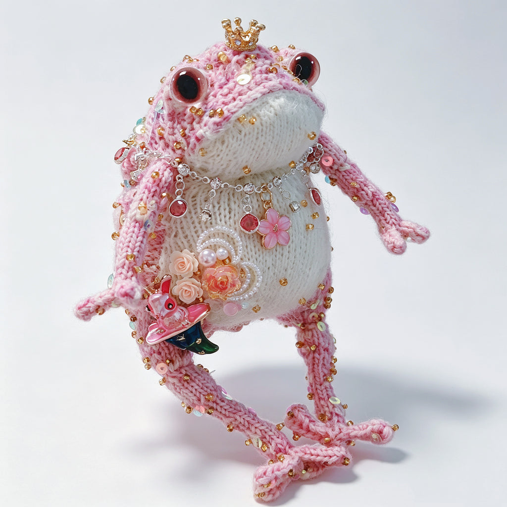 Wonderland Pink Toad Princess – Starry Green Magic Hat &amp; Tiny Bunny | Knit Figurine with Crown, Jewel Necklace &amp; Flower Garden