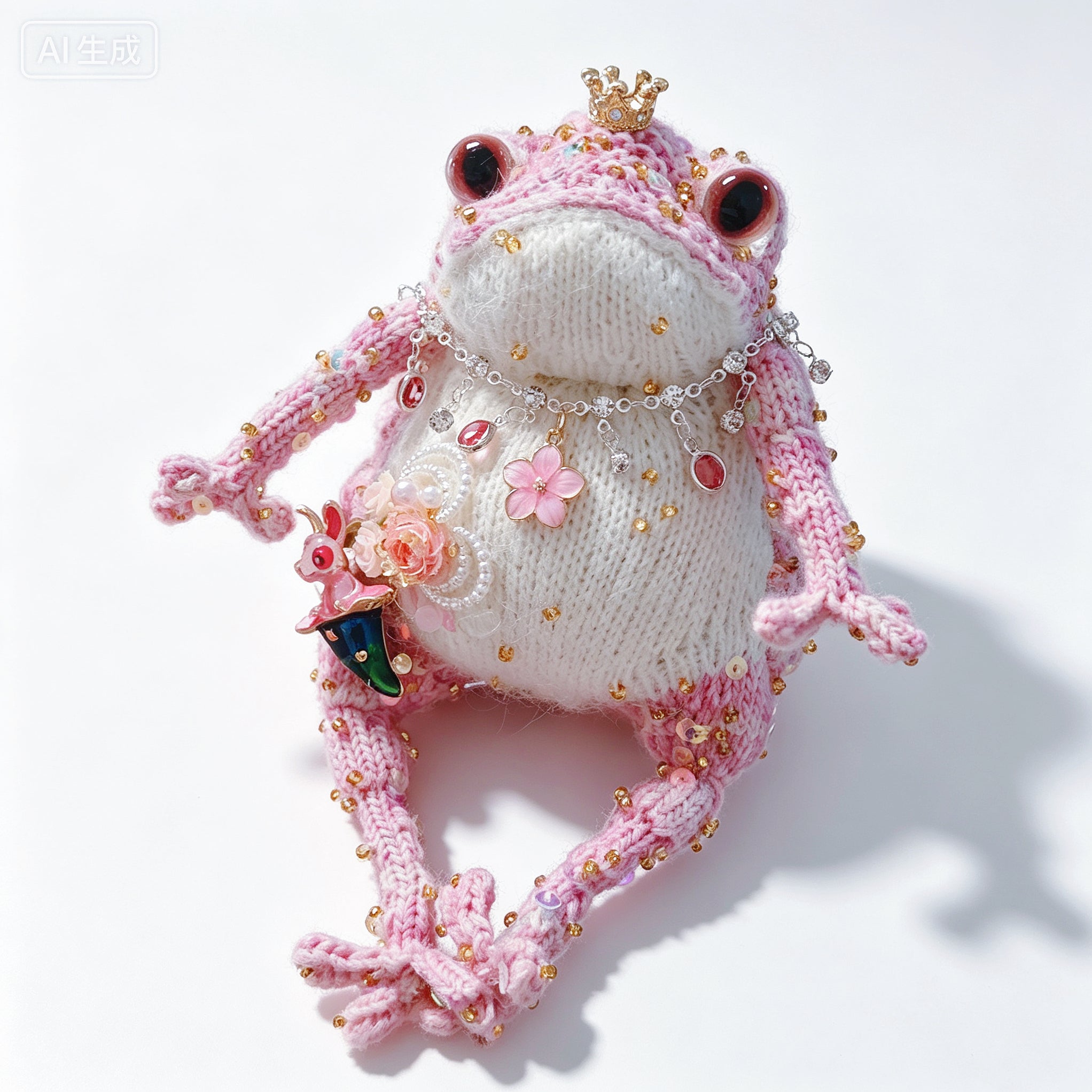 Wonderland Pink Toad Princess – Starry Green Magic Hat &amp; Tiny Bunny | Knit Figurine with Crown, Jewel Necklace &amp; Flower Garden