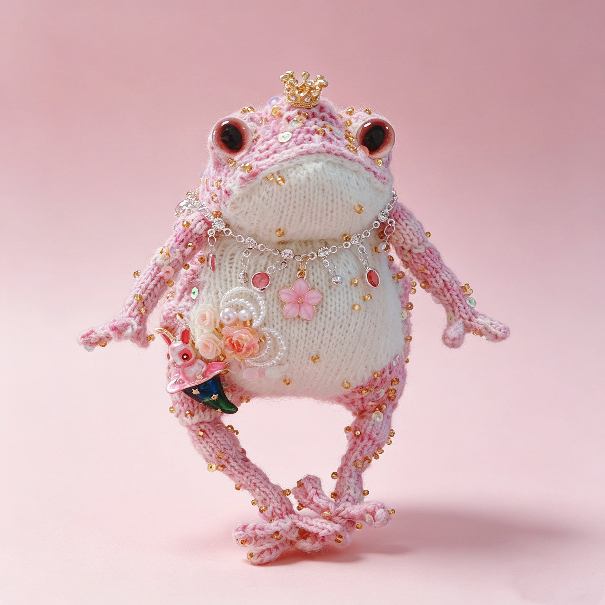Wonderland Pink Toad Princess – Starry Green Magic Hat &amp; Tiny Bunny | Knit Figurine with Crown, Jewel Necklace &amp; Flower Garden
