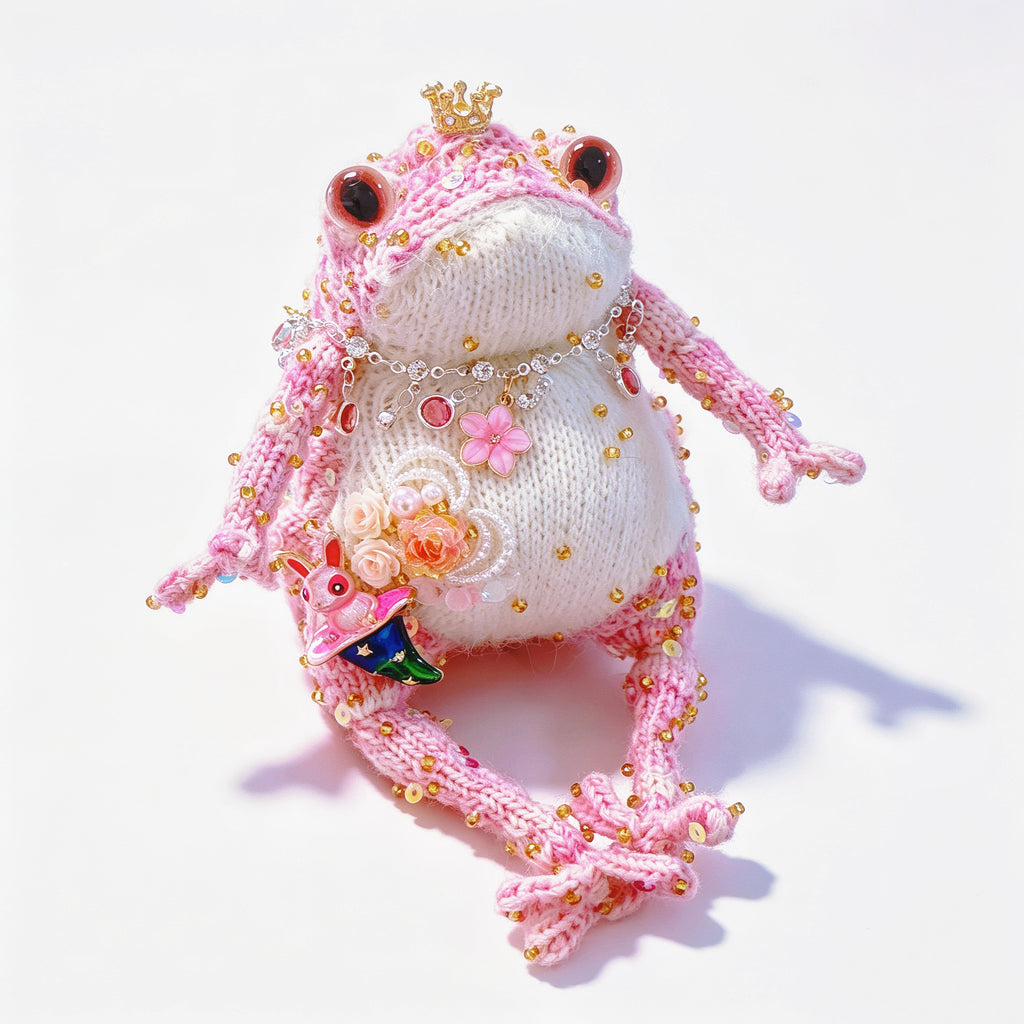 Wonderland Pink Toad Princess – Starry Green Magic Hat &amp; Tiny Bunny | Knit Figurine with Crown, Jewel Necklace &amp; Flower Garden
