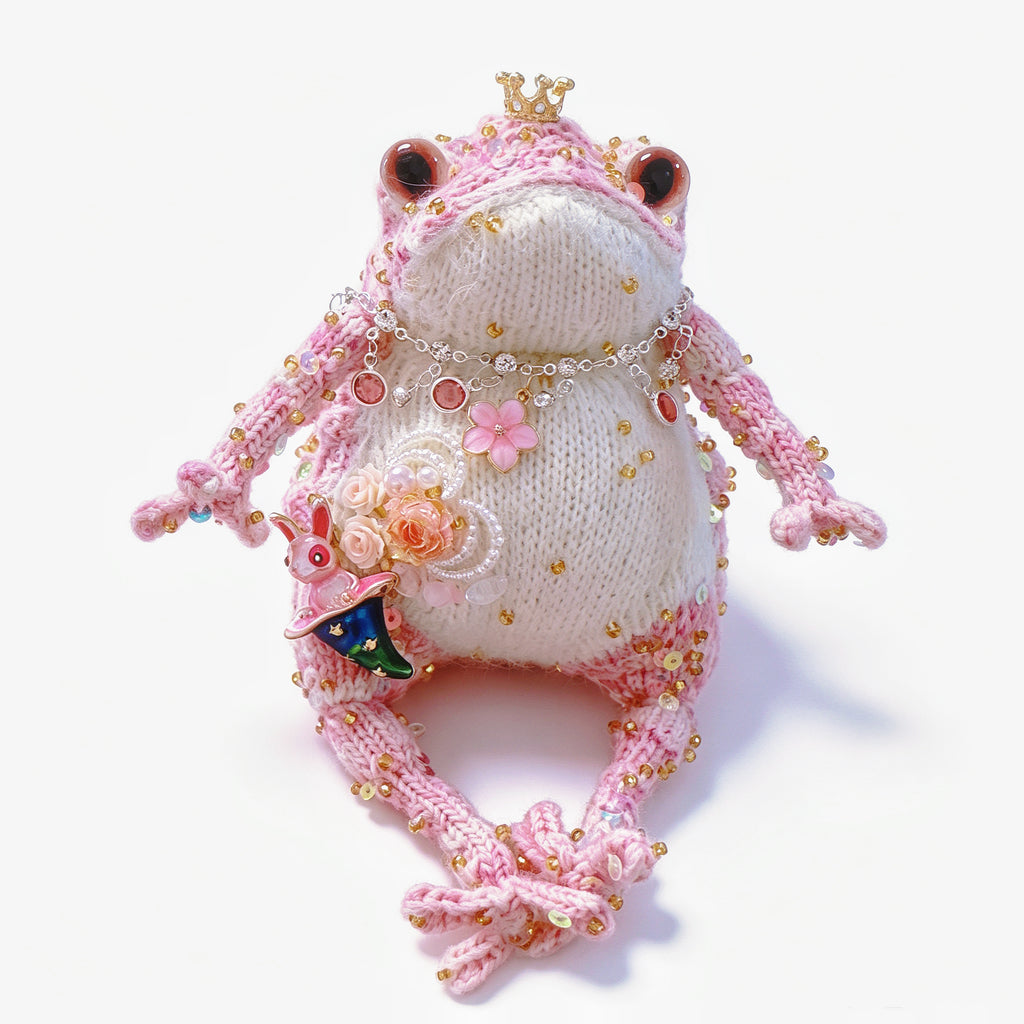 Wonderland Pink Toad Princess – Starry Green Magic Hat &amp; Tiny Bunny | Knit Figurine with Crown, Jewel Necklace &amp; Flower Garden