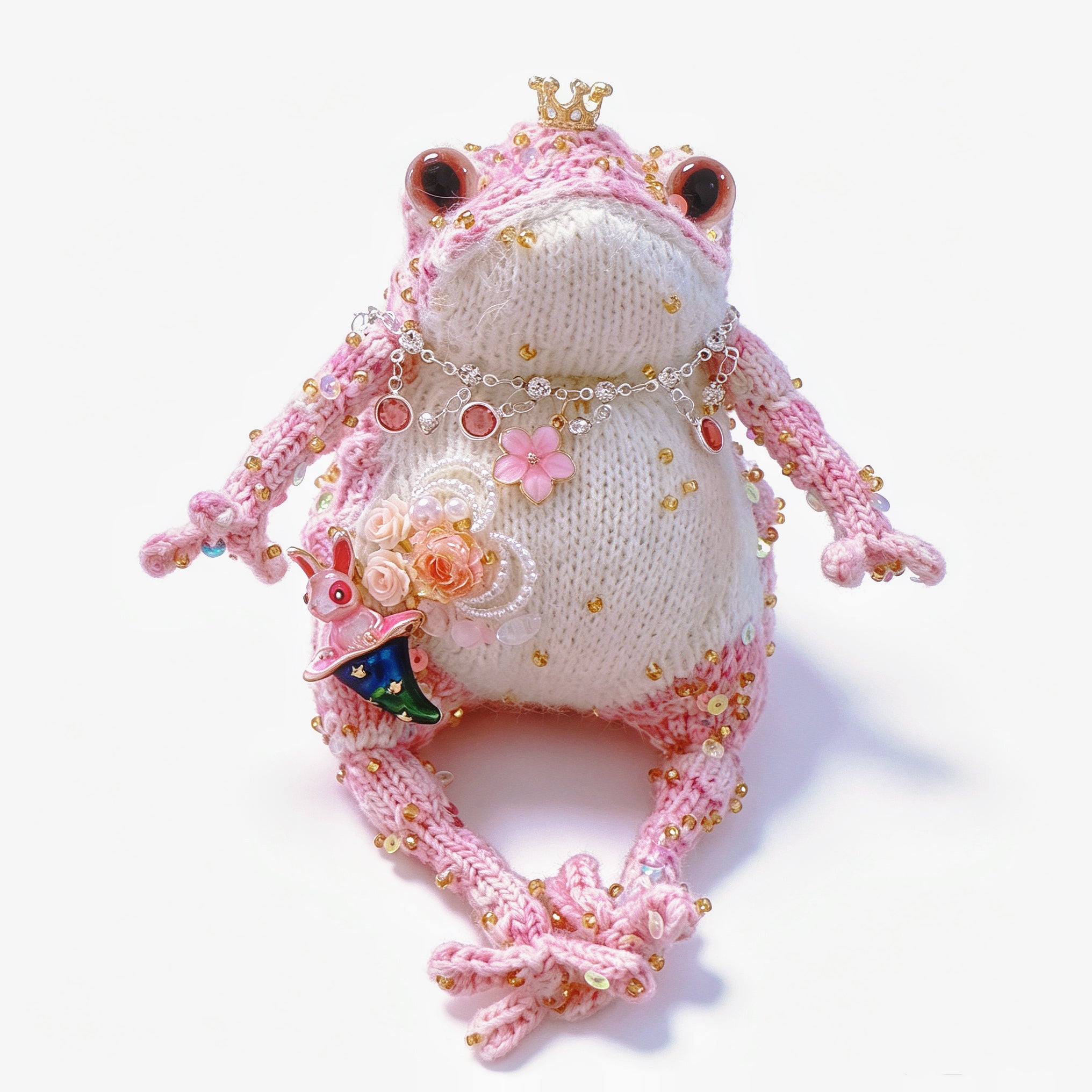 Wonderland Pink Toad Princess – Starry Green Magic Hat &amp; Tiny Bunny | Knit Figurine with Crown, Jewel Necklace &amp; Flower Garden