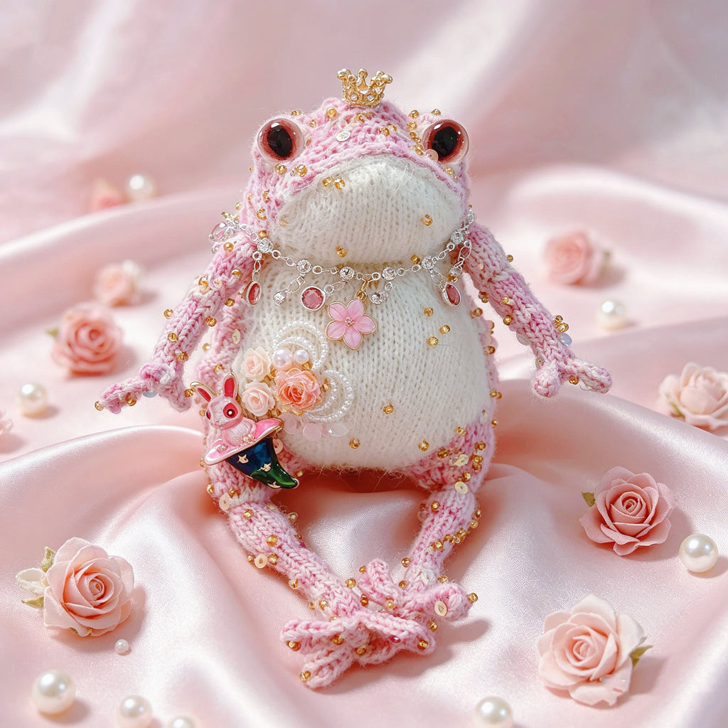 Wonderland Pink Toad Princess – Starry Green Magic Hat &amp; Tiny Bunny | Knit Figurine with Crown, Jewel Necklace &amp; Flower Garden