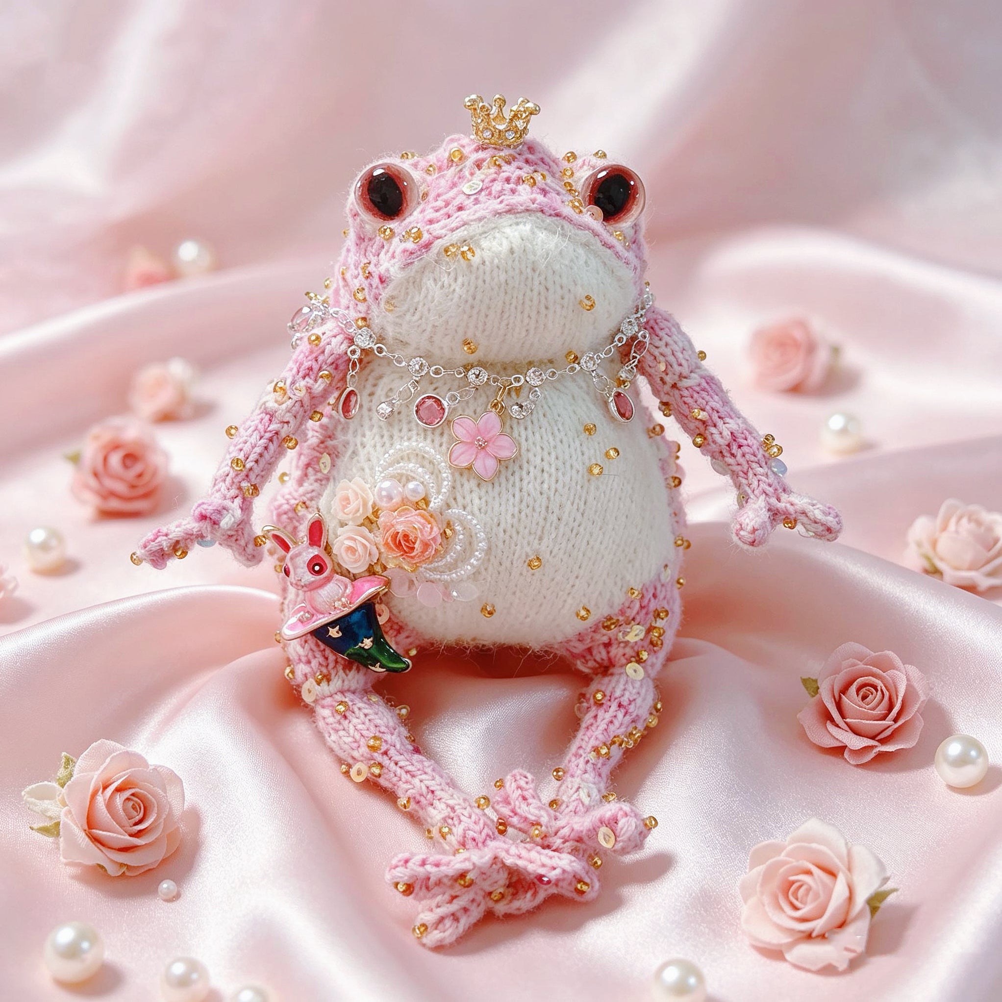 Wonderland Pink Toad Princess – Starry Green Magic Hat &amp; Tiny Bunny | Knit Figurine with Crown, Jewel Necklace &amp; Flower Garden