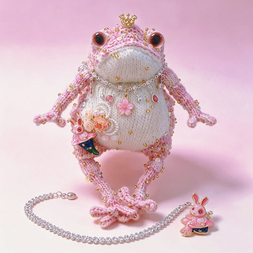 Wonderland Pink Toad Princess – Starry Green Magic Hat &amp; Tiny Bunny | Knit Figurine with Crown, Jewel Necklace &amp; Flower Garden
