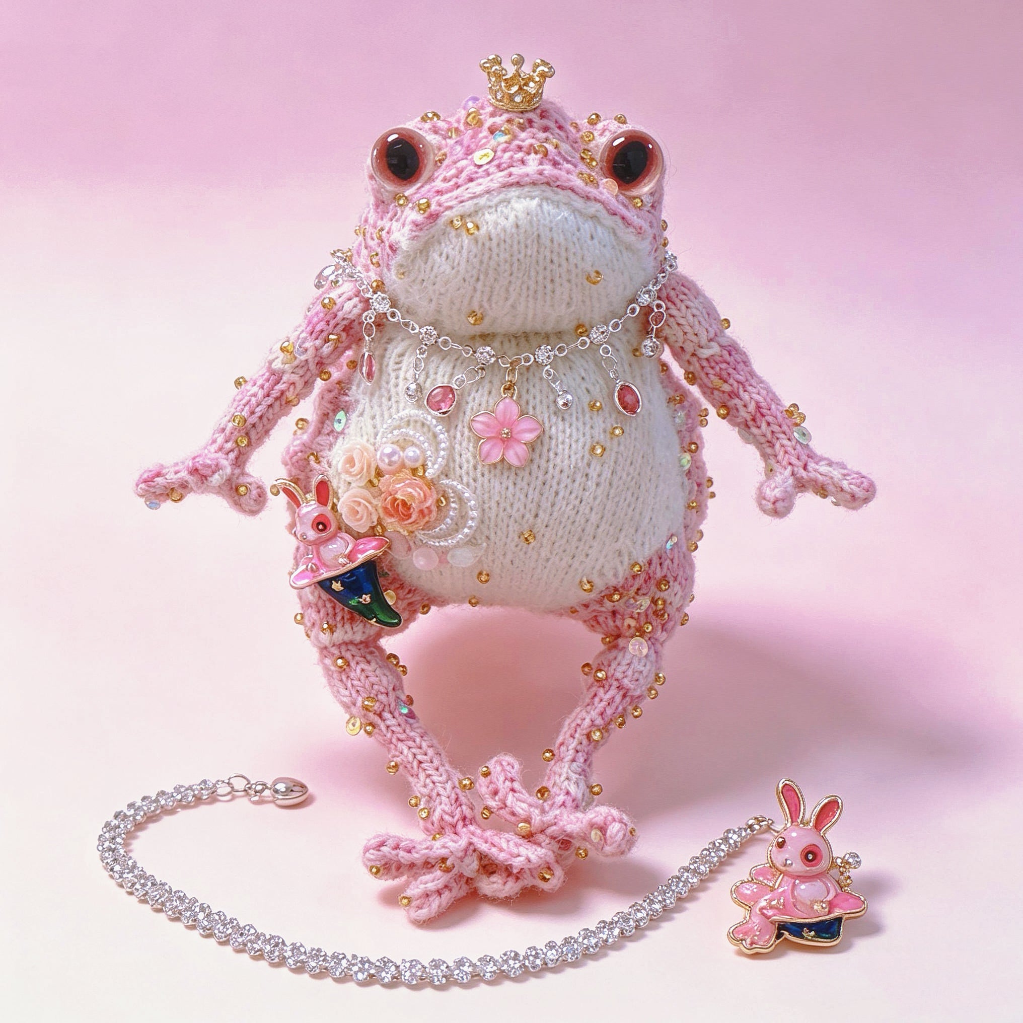 Wonderland Pink Toad Princess – Starry Green Magic Hat &amp; Tiny Bunny | Knit Figurine with Crown, Jewel Necklace &amp; Flower Garden