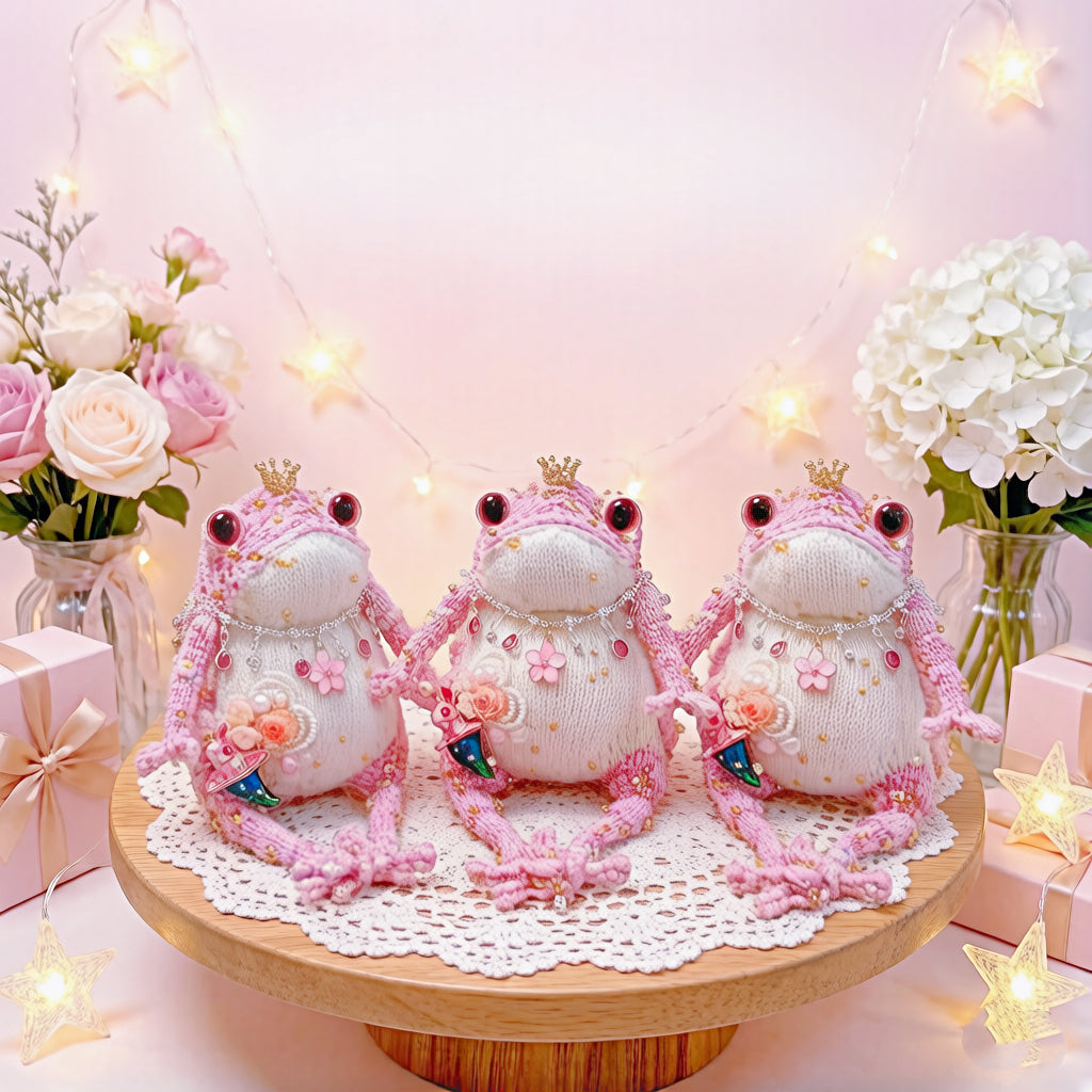 Wonderland Pink Toad Princess – Starry Green Magic Hat &amp; Tiny Bunny | Knit Figurine with Crown, Jewel Necklace &amp; Flower Garden