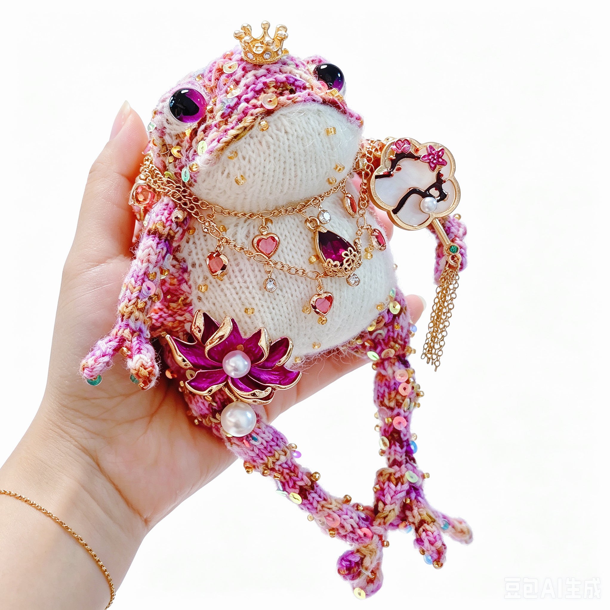Lotus Fan Frog Princess – Pink &amp; Purple Sparkle Yarn, Gold Crown, Layered Gem Necklaces | The Third Space