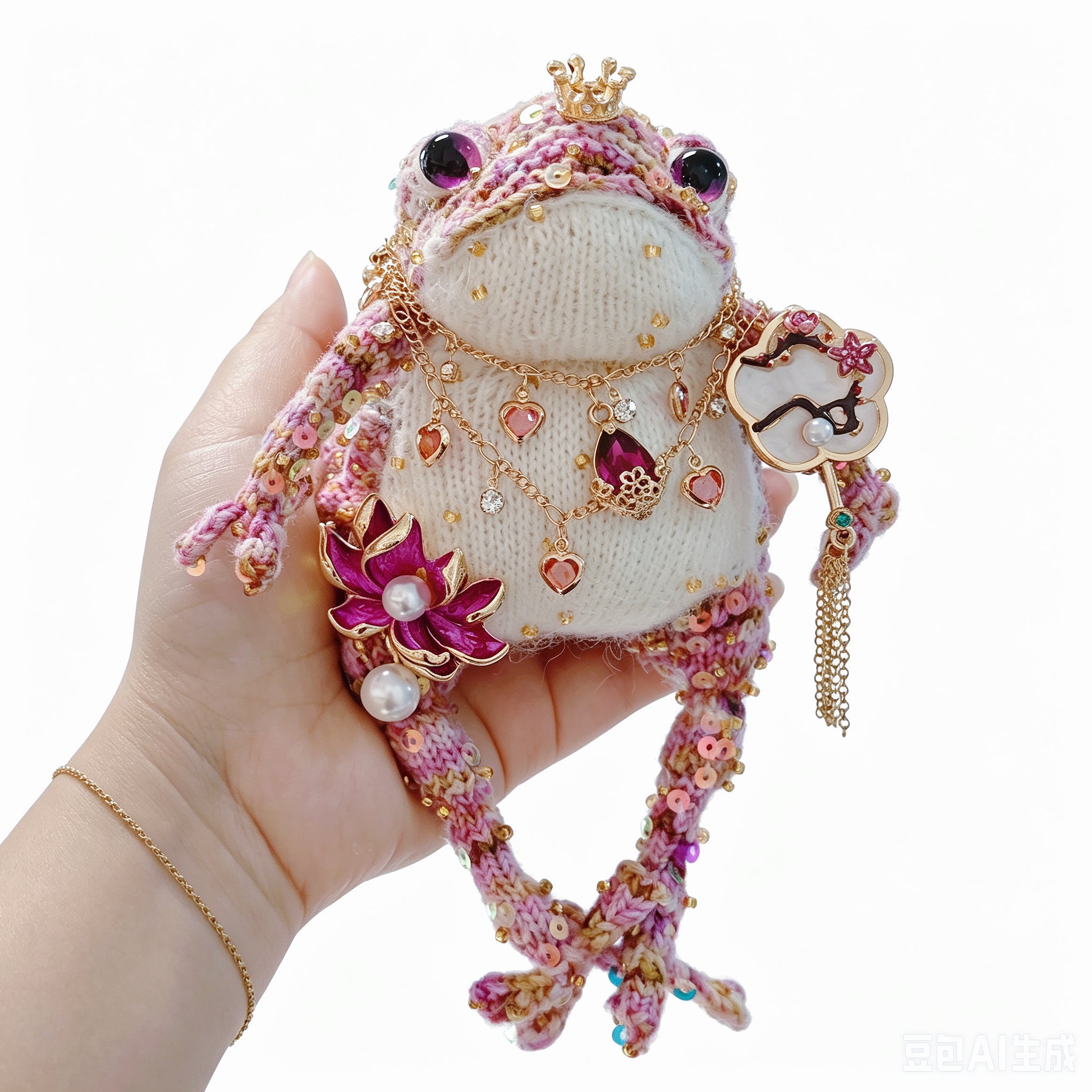 Lotus Fan Frog Princess – Pink &amp; Purple Sparkle Yarn, Gold Crown, Layered Gem Necklaces | The Third Space