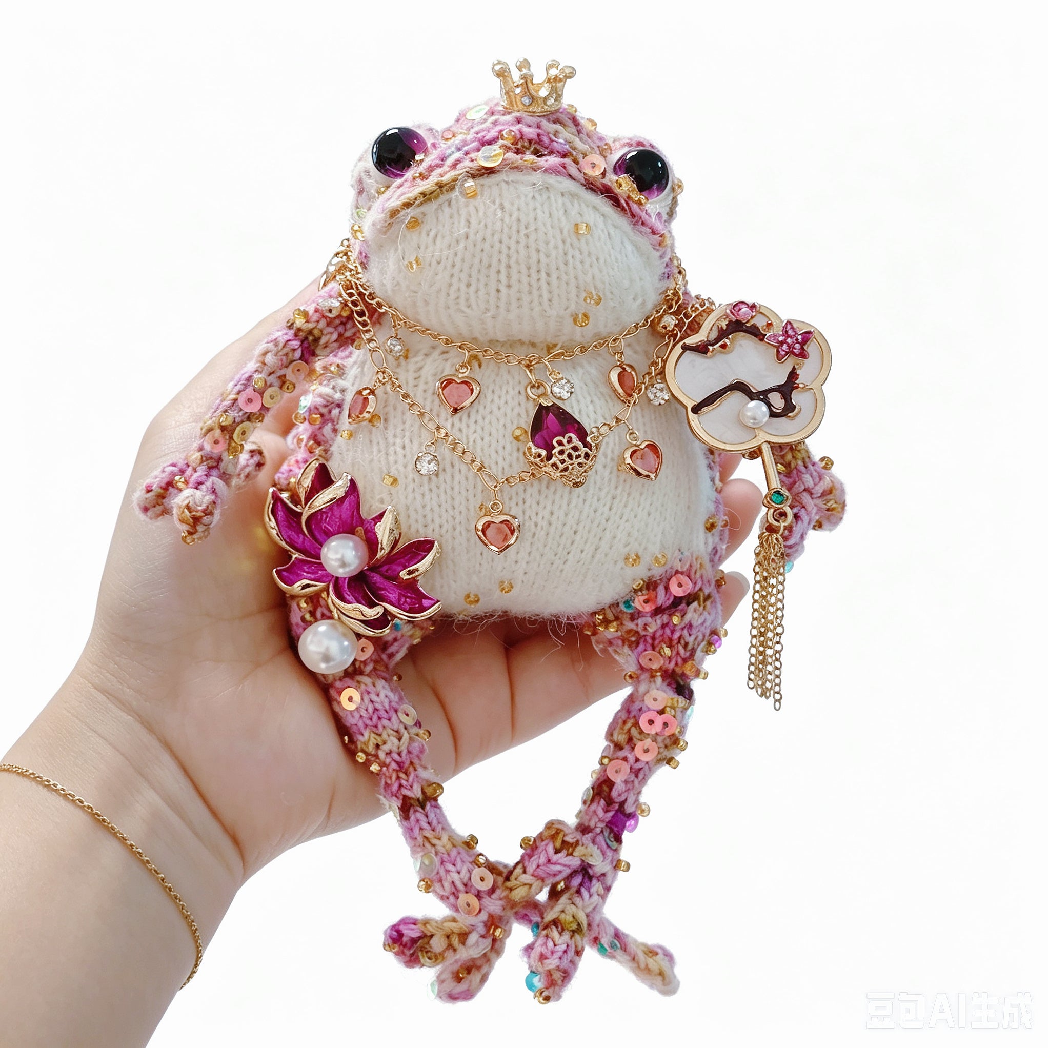 Lotus Fan Frog Princess – Pink &amp; Purple Sparkle Yarn, Gold Crown, Layered Gem Necklaces | The Third Space