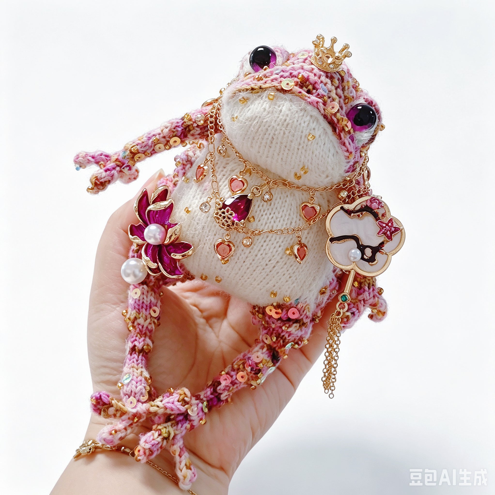Lotus Fan Frog Princess – Pink &amp; Purple Sparkle Yarn, Gold Crown, Layered Gem Necklaces | The Third Space