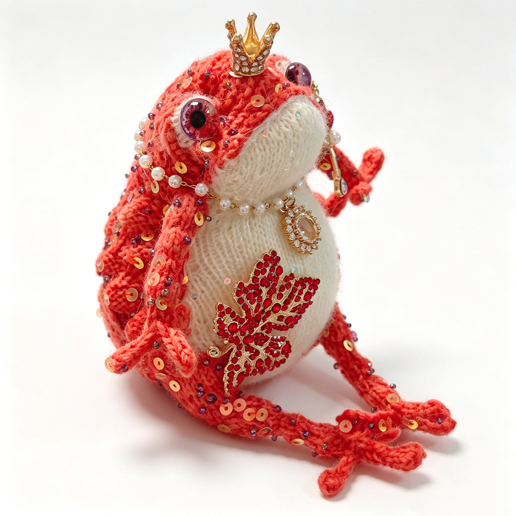 Heart Scepter Ruby-Eyed Toad Queen – Bejeweled Crochet Figurine with Gold Sequins, Pearl Necklace, Diamond Pendant &amp; Leaf Brooch