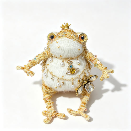 Cosmic Bee Saturn Toad – Handknit Cream &amp; Gold Figurine with Crystal-Winged Bee, Planetary Pendant &amp; Sequin Stardust