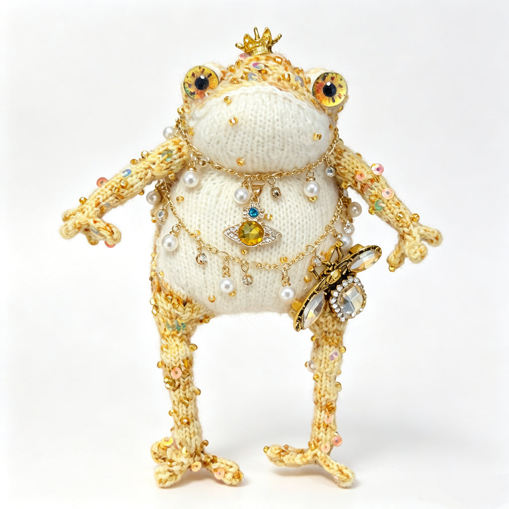 Cosmic Bee Saturn Toad – Handknit Cream &amp; Gold Figurine with Crystal-Winged Bee, Planetary Pendant &amp; Sequin Stardust