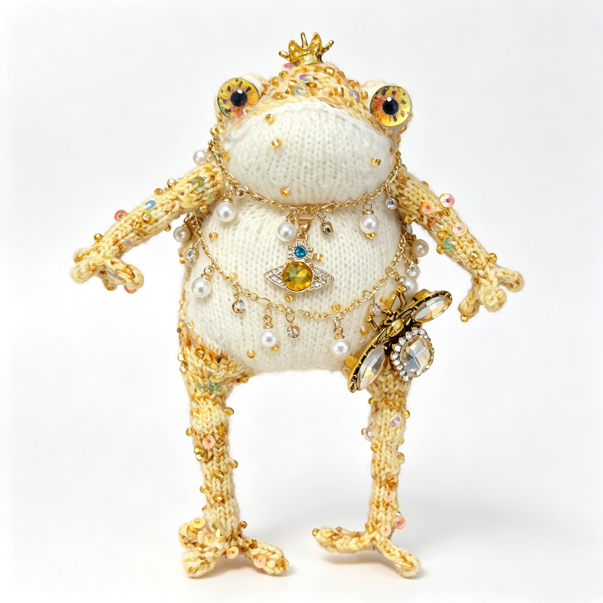 Cosmic Bee Saturn Toad – Handknit Cream &amp; Gold Figurine with Crystal-Winged Bee, Planetary Pendant &amp; Sequin Stardust