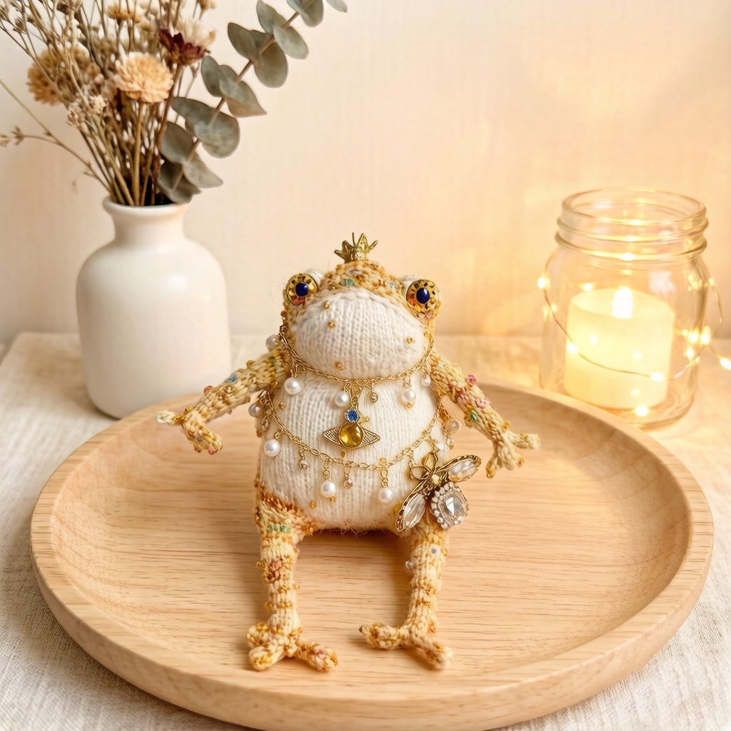 Cosmic Bee Saturn Toad – Handknit Cream &amp; Gold Figurine with Crystal-Winged Bee, Planetary Pendant &amp; Sequin Stardust