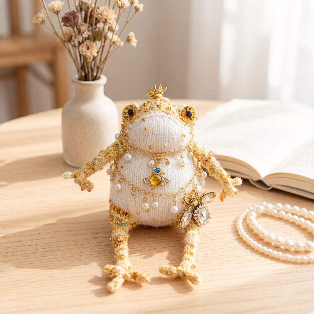 Cosmic Bee Saturn Toad – Handknit Cream &amp; Gold Figurine with Crystal-Winged Bee, Planetary Pendant &amp; Sequin Stardust