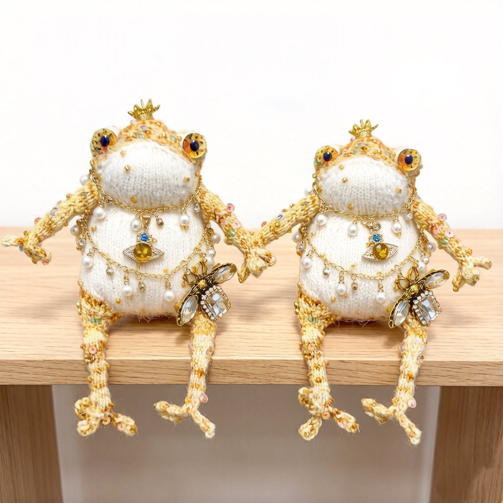 Cosmic Bee Saturn Toad – Handknit Cream &amp; Gold Figurine with Crystal-Winged Bee, Planetary Pendant &amp; Sequin Stardust