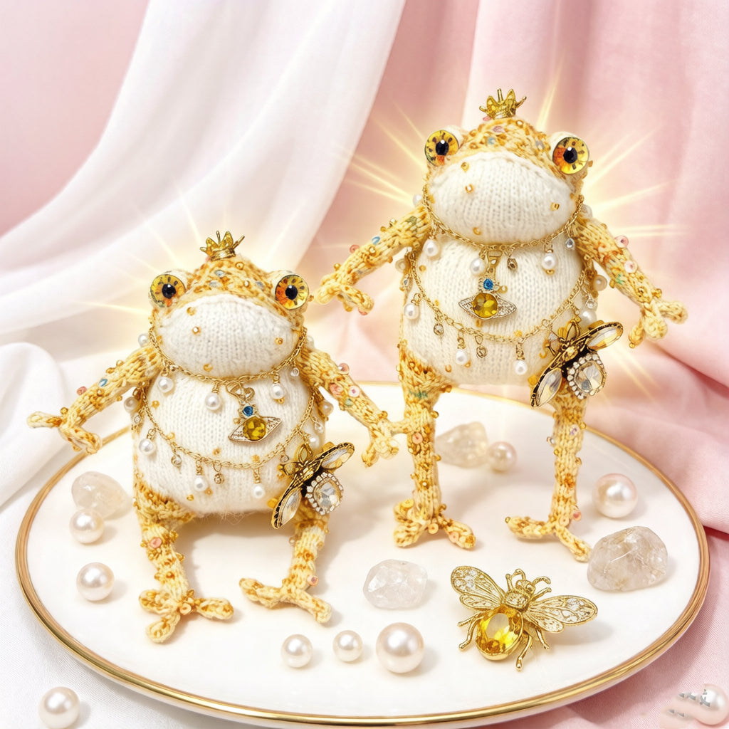 Cosmic Bee Saturn Toad – Handknit Cream &amp; Gold Figurine with Crystal-Winged Bee, Planetary Pendant &amp; Sequin Stardust