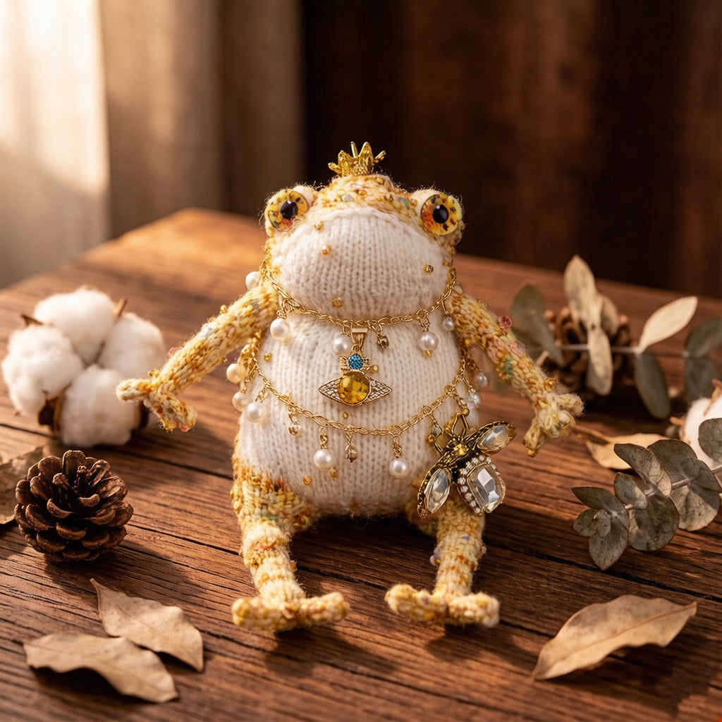 Cosmic Bee Saturn Toad – Handknit Cream &amp; Gold Figurine with Crystal-Winged Bee, Planetary Pendant &amp; Sequin Stardust