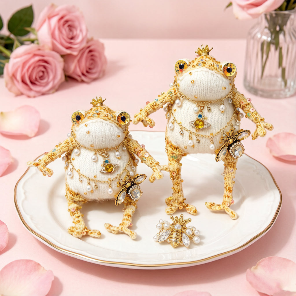 Cosmic Bee Saturn Toad – Handknit Cream &amp; Gold Figurine with Crystal-Winged Bee, Planetary Pendant &amp; Sequin Stardust